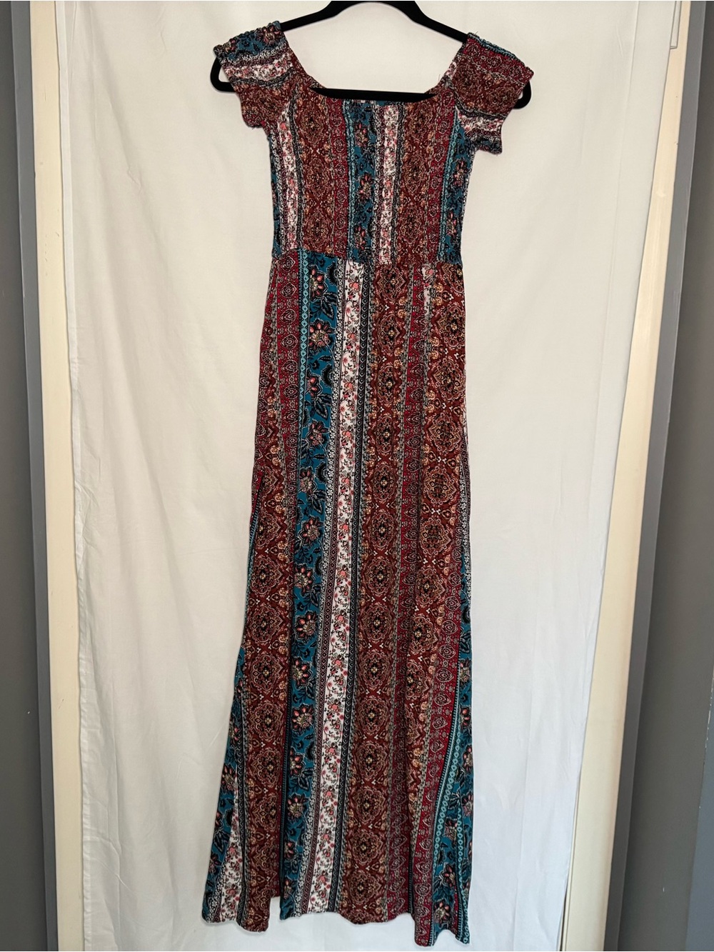 Cottagecore Boho maxi dress size Small with slit colorful patchwork